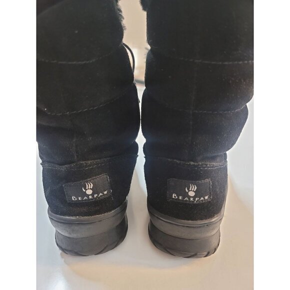 Bearpaw Black Suede/Sheepskin Wool Boots Womens Winter Mid Calf Lace Up SZ 7 - Picture 4 of 8